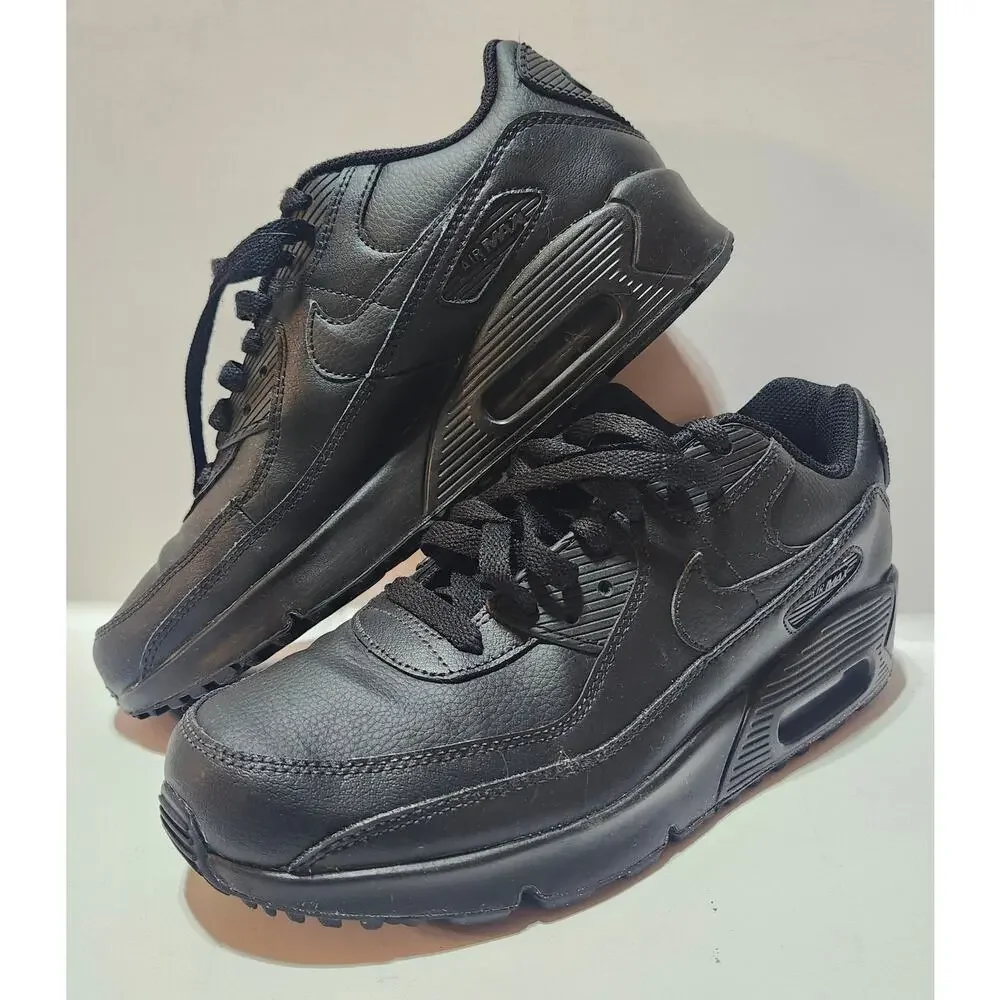 Nike Air Max 90 LTR Triple Black Size 6Y Big Kids Leather Shoes CD6864-001